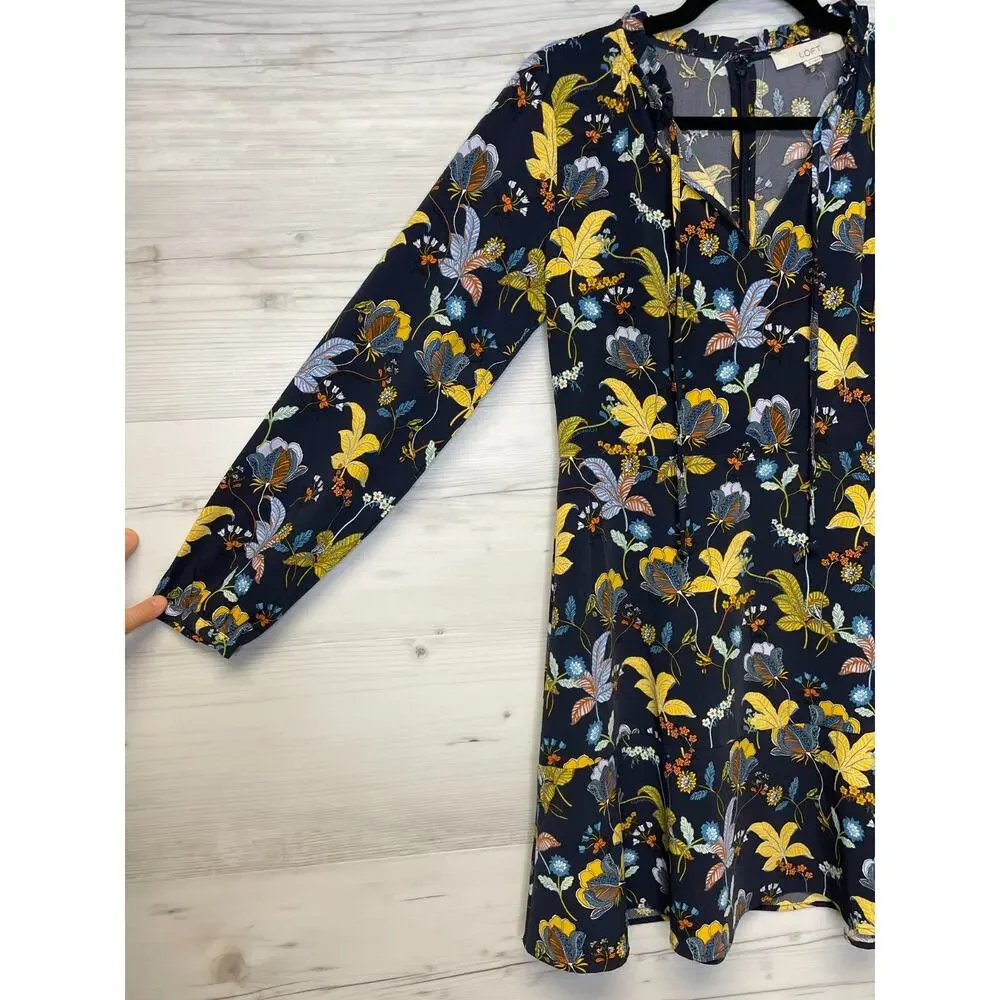 Ann Taylor LOFT Dress 2‎ Womens Blue Floral V Neck Long Sleeve Zip